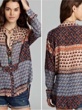 Free People Women’s Caravan Patchwork Floral Blouse Medium Bohemian Festival 101